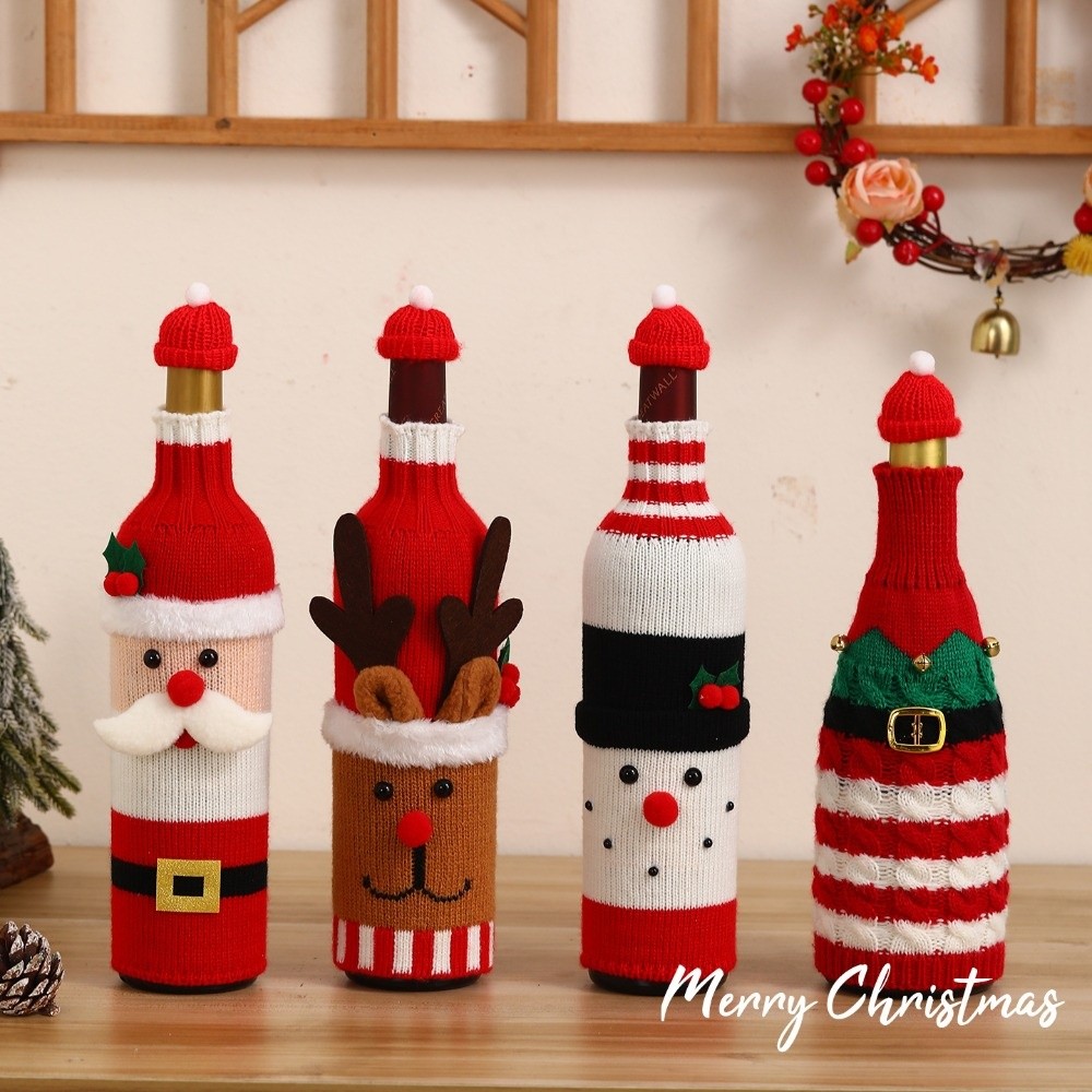 Wine Beer Hat - ปลอกขวดไวน์ถักลายคริสต์มาส พร้อมหมวกซานต้าขนาดเล็ก ปลอกขวดเบียร์ลายซานตาคลอส มนุษย์หิมะ กวางเรนเดียร์