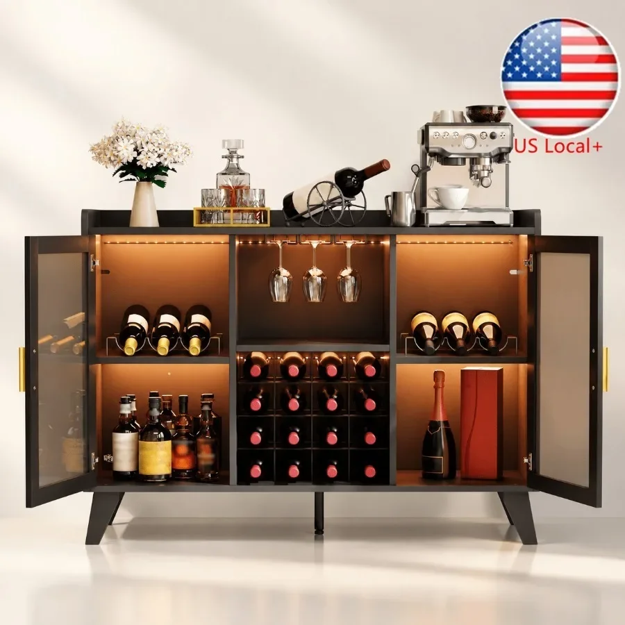 Wine & Beer Guayaquil - ตู้บาร์พร้อมไฟ LED สำหรับเก็บไวน์ ประตูอะคริลิกสีดำ ดีไซน์ทันสมัยพร้อมไฟส่องสว่าง