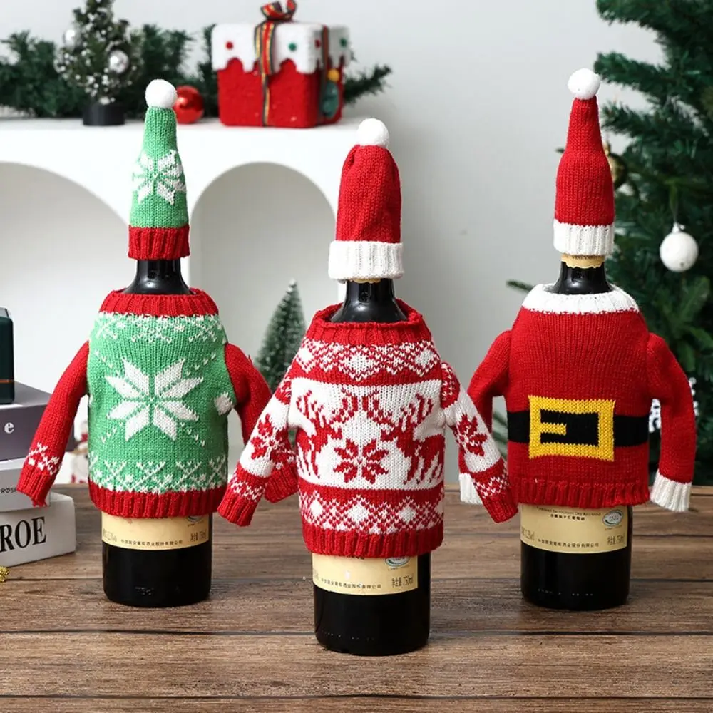 Wine Beer Hat - ปลอกหุ้มขวดไวน์ลายกวางเอลค์ ใช้ซ้ำได้ พร้อมหมวกซานต้าจิ๋ว ปลอกหุ้มขวดถักลายคริสต์มาส ลายเกล็ดหิมะ มนุษย์หิมะ